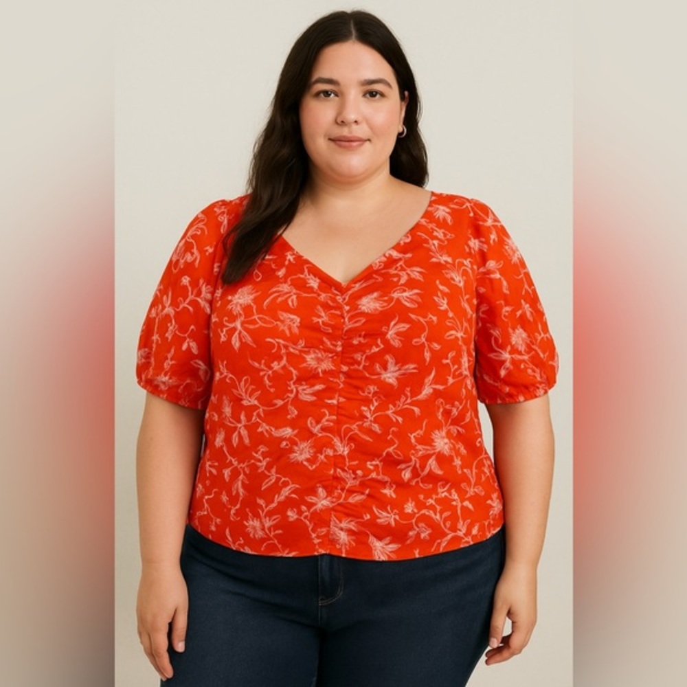 Ava & Viv Orange Floral V-Neck Blouse 100% cotton Size 1X